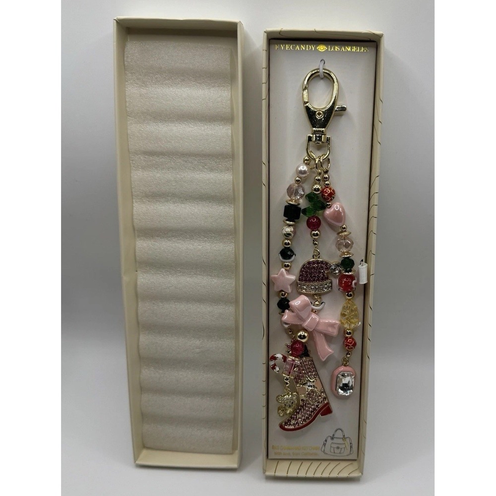 Eyecandy Los Angeles NIB Christmas Charm Keychain Purse Charm Pink Gold